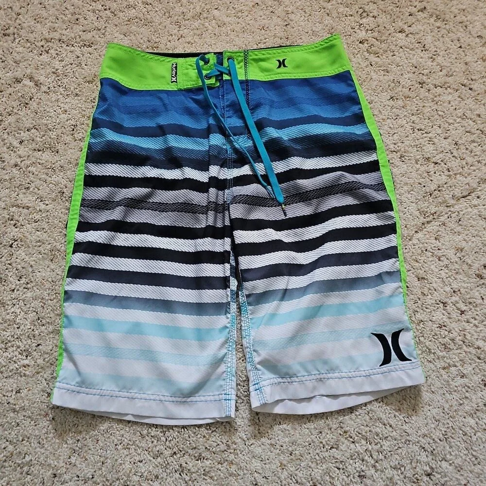 Hurley Mens Board Short Blue Green Striped Swim Trunks Size 28 Water Sport Vacay
